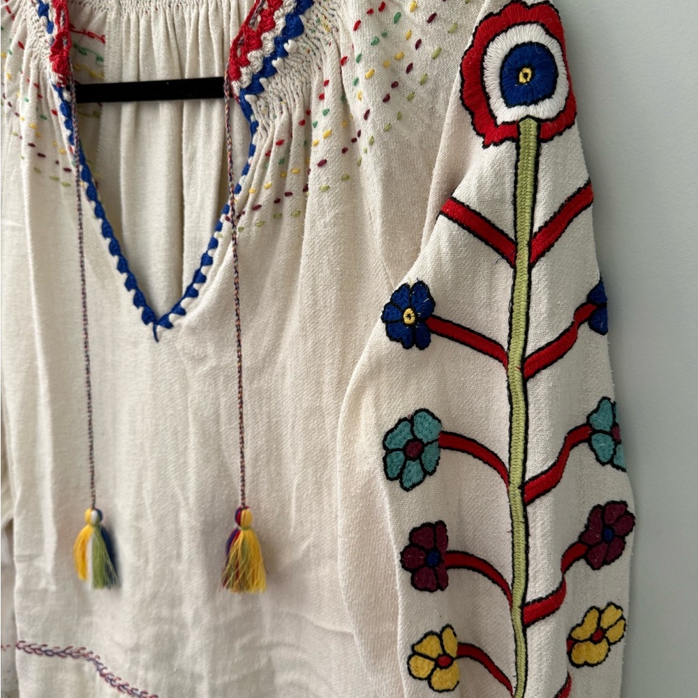 Ulla Johnson Cream Embroidered Boho Peasant Top with Multicolor Tassels - Picture 2 of 4